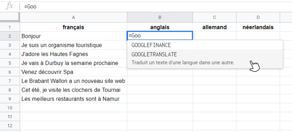 Capture d'écran formule Google translate dans Google Sheets