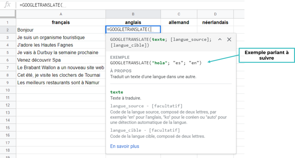 Capture d'écran de la fomule Google Translate dans Google Sheets