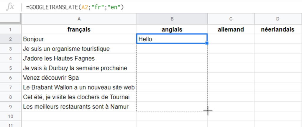 Capture d'écran de la formule Google Translate dans Google Sheets