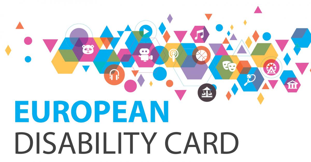 Logo de la European Disability Card (EDC) avec des hexagones colorés représentant divers domaines culturels et touristiques, tels que la musique, le théâtre, le sport, la nature et l’accessibilité.