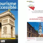 Couverture du magazine "Tourisme accessible" de juin 2025, avec l’Arc de Triomphe à Paris, et une page intérieure mettant en avant la Wallonie comme destination accessible à tous.