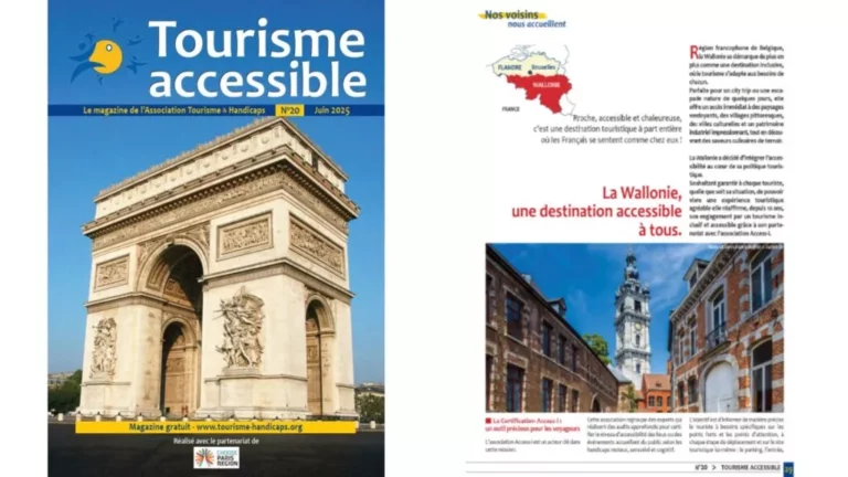 Couverture du magazine "Tourisme accessible" de juin 2025, avec l’Arc de Triomphe à Paris, et une page intérieure mettant en avant la Wallonie comme destination accessible à tous.