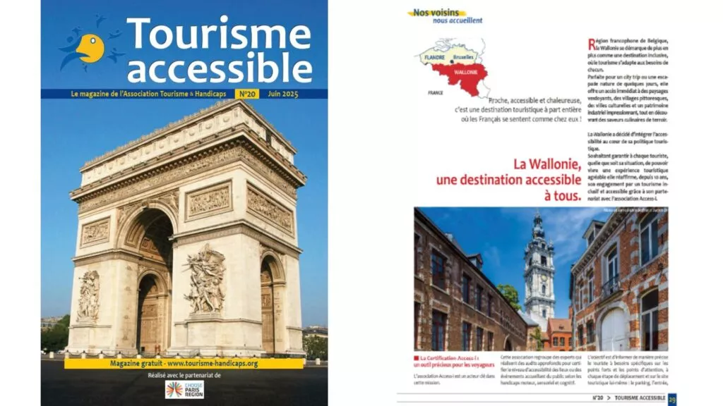 Couverture du magazine "Tourisme accessible" de juin 2025, avec l’Arc de Triomphe à Paris, et une page intérieure mettant en avant la Wallonie comme destination accessible à tous.